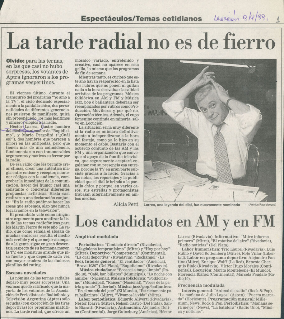 Héctor Larrea. Nota Diario La Nación Espectáculos. 1999